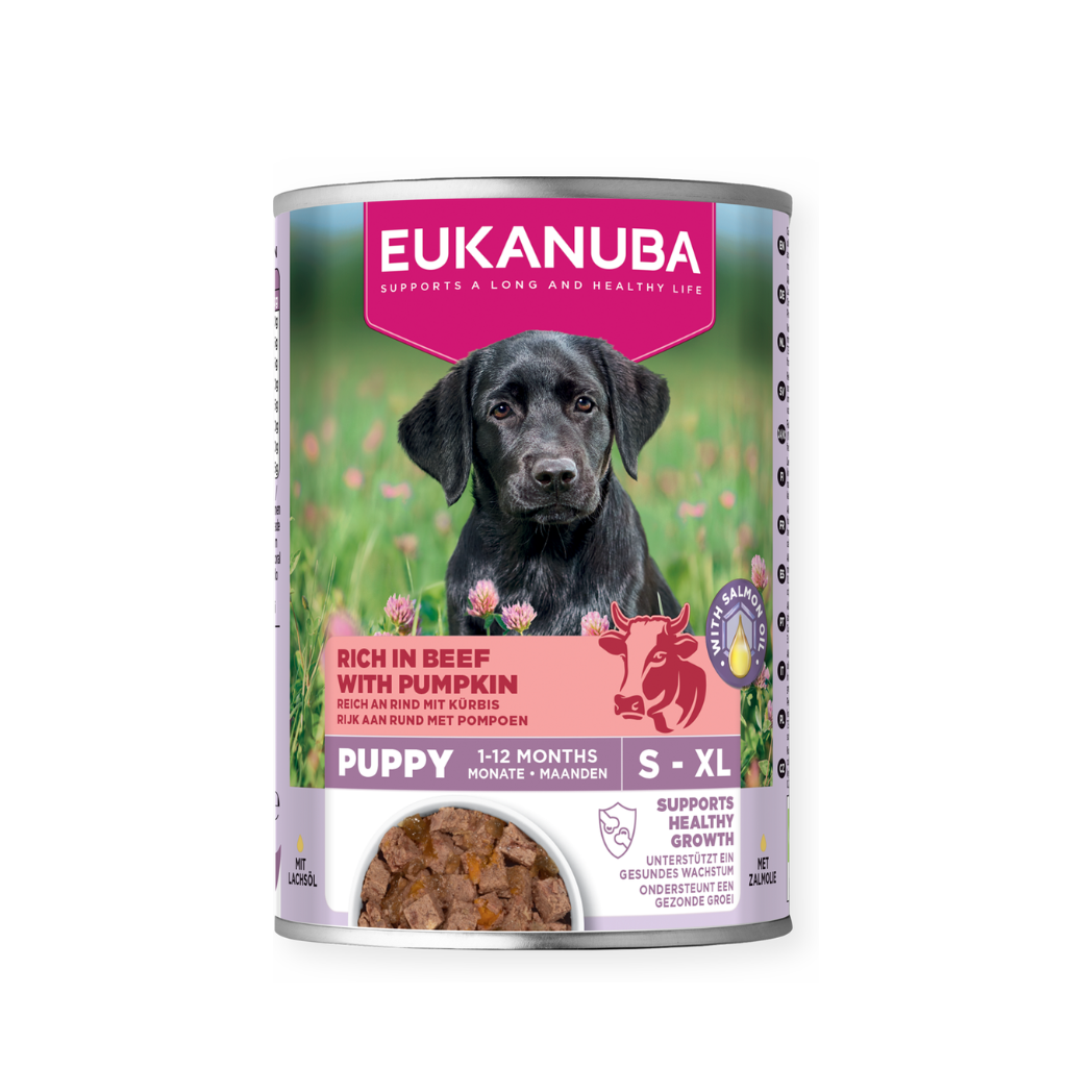 Eukanuba - консервирана храна за подрастващи кучета с говеждо и тиква - 6 броя x 400 гр.