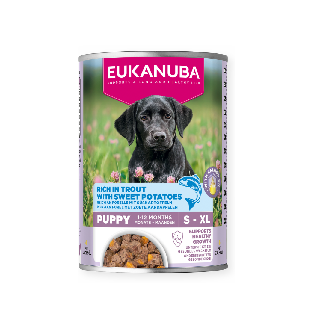 Eukanuba - консервирана храна за подрастващи кучета с пъстърва и сладък картоф - 6 броя x 400 гр.