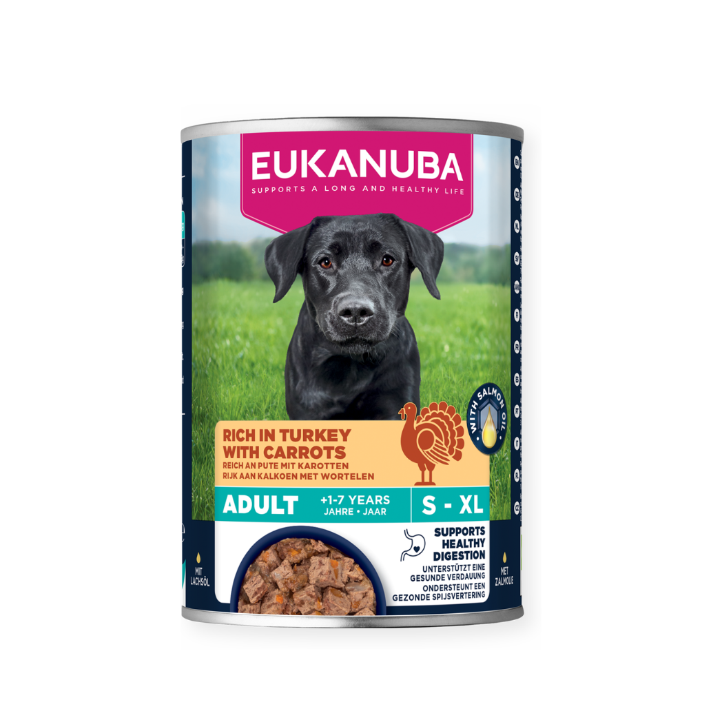 Eukanuba - консервирана храна за израснали кучета с пуйка и моркови - 6 броя x 400 гр.