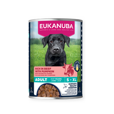 Eukanuba - консервирана храна за израснали кучета с говеждо и тиква - 6 броя x 400 гр.