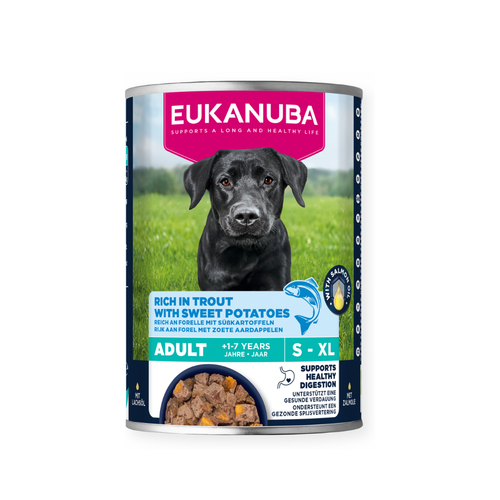 Eukanuba - консервирана храна за израснали кучета с пъстърва и сладки картофи - 6 броя x 400 гр.