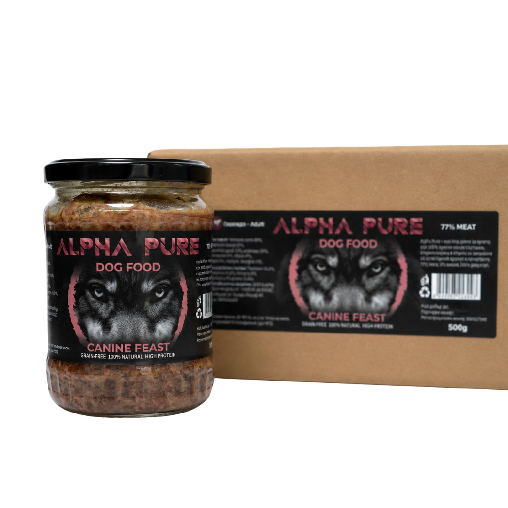 Alpha Pure - домашно приготвена храна за  възрастни кучета с говеждо и зеленчуци - 8 броя x 500 гр.