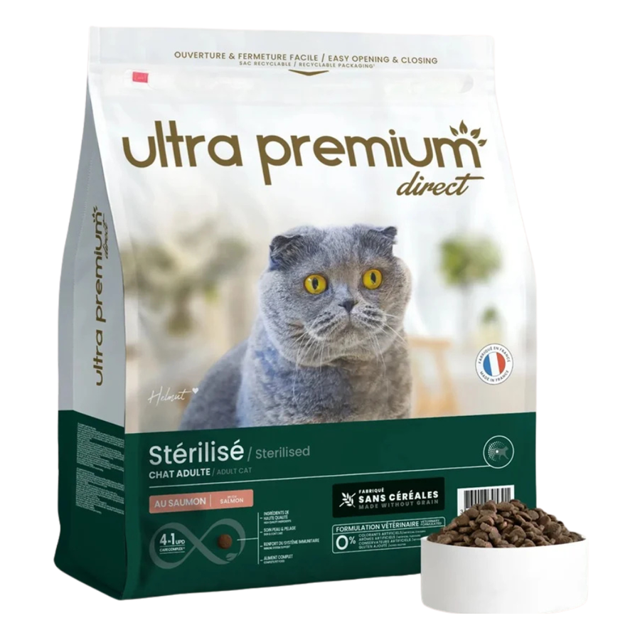 Ultra Premium - Суха храна за пораснали кастрирани котки, отглеждани на закрито – без зърно, 50% месо и месни съставки (сьомга и пиле) - 7 кг.