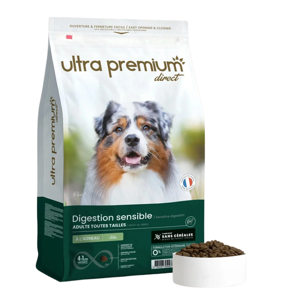 Ultra Premium - Суха храна за кученца и пораснали чувствителни кучета от всички породи – без зърно, 50% месни съставки (агнешко и свинско)