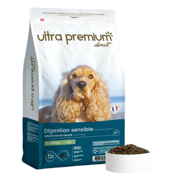Ultra Premium - Суха храна за пораснали чувствителни кучета от всички породи – с ниско съдържание на зърно, 45% месни съставки (свинско и агнешко) - 15 кг.