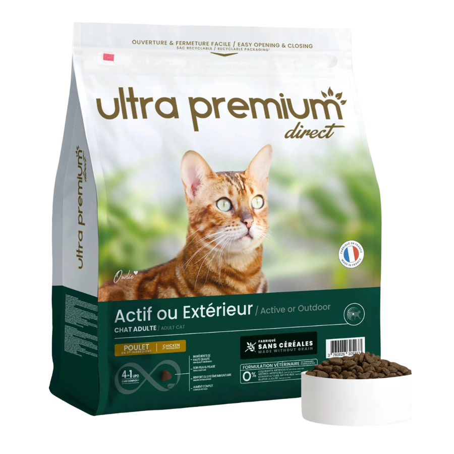 Ultra premium -  Суха храна за котки и котенца, отглеждани навън – без зърно, 70% месо (пиле, свинско и сьомга) - 7 кг.