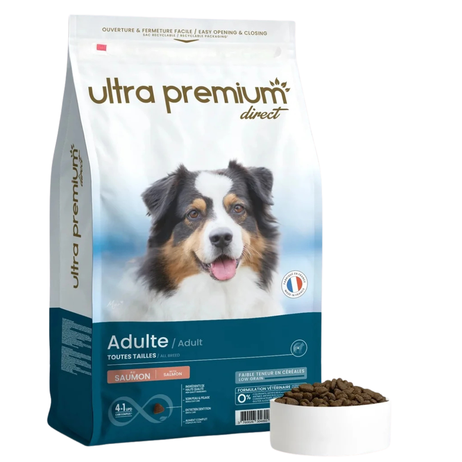 Ultra Premium - Суха храна за пораснали кучета от всички породи –  с ниско съдържание на зърно, 45% месни съставки (пиле и сьомга) - 12 кг.