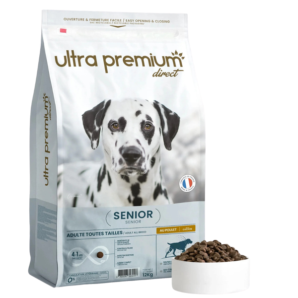 Ultra Premium - Суха храна за кучета над 7 години или пораснали кучета с двигателни затруднения - (пиле и свинско) - 12 кг.
