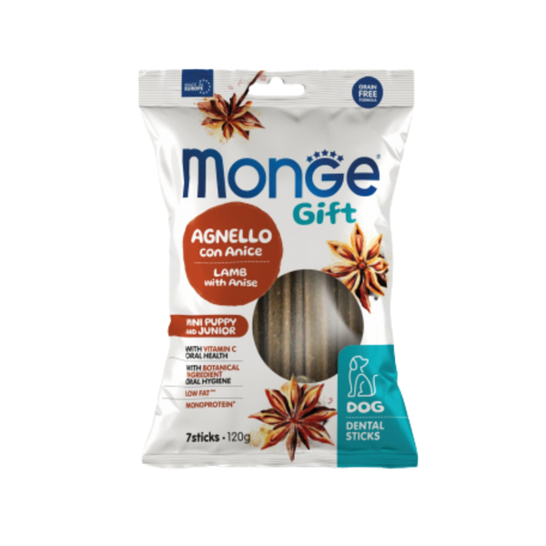 Monge Gift -  дентални стикове за подрастващи кучета от мини породи с агнешко и анасон - 7 броя в опаковка