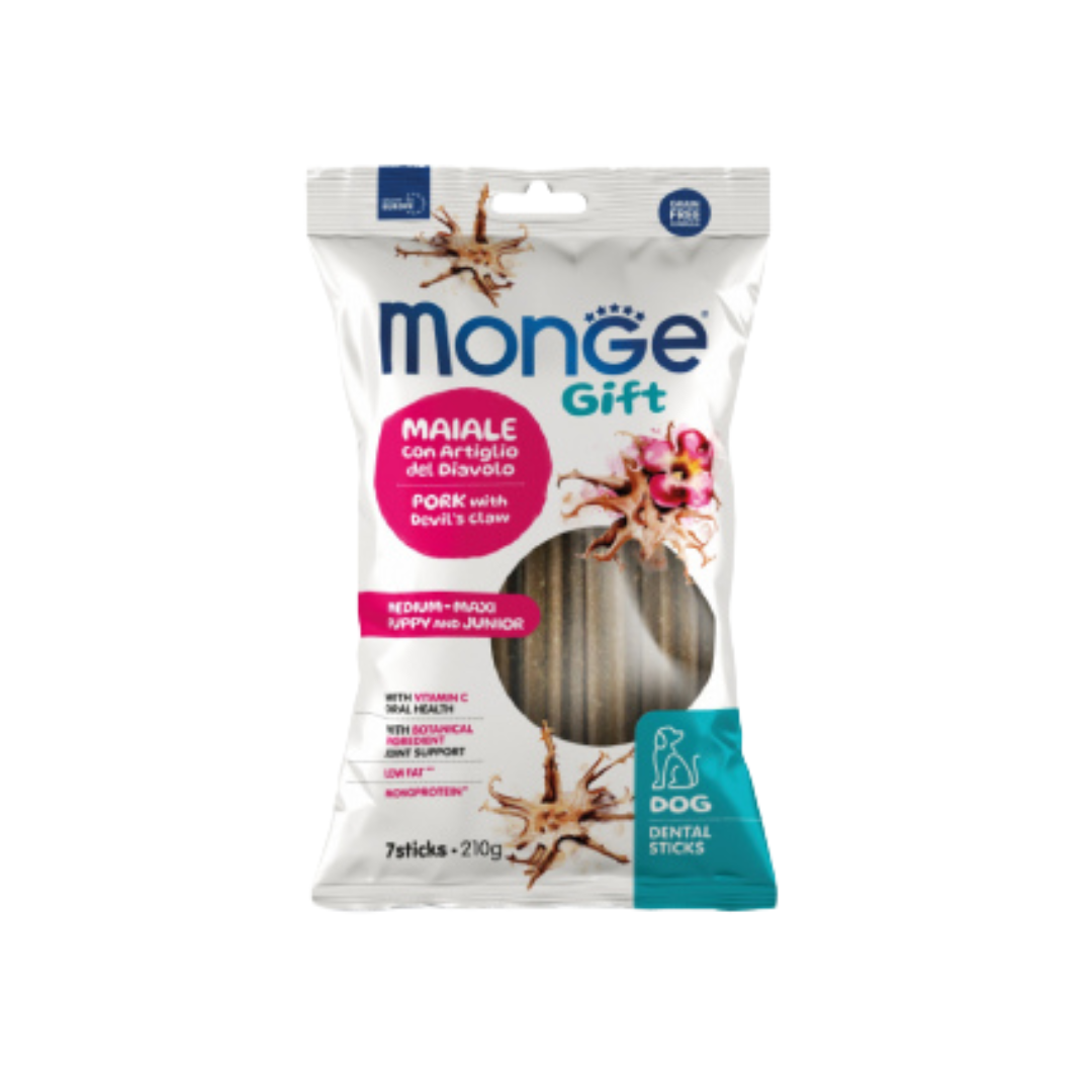 Monge Gift - дентални стикове за подрастващи кучета от средните и едри породи със свинско и дяволски нокът - 7 броя в опаковка