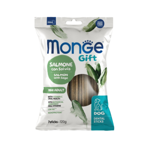 Monge Gift -  дентални стикове за кучета от мини породи със сьомга и салвия - 7 броя в опаковка