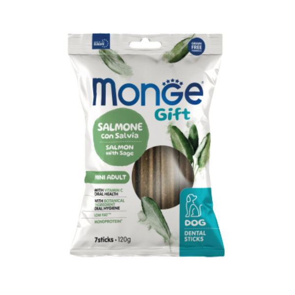 Monge Gift -  дентални стикове за кучета от мини породи със сьомга и салвия - 7 броя в опаковка