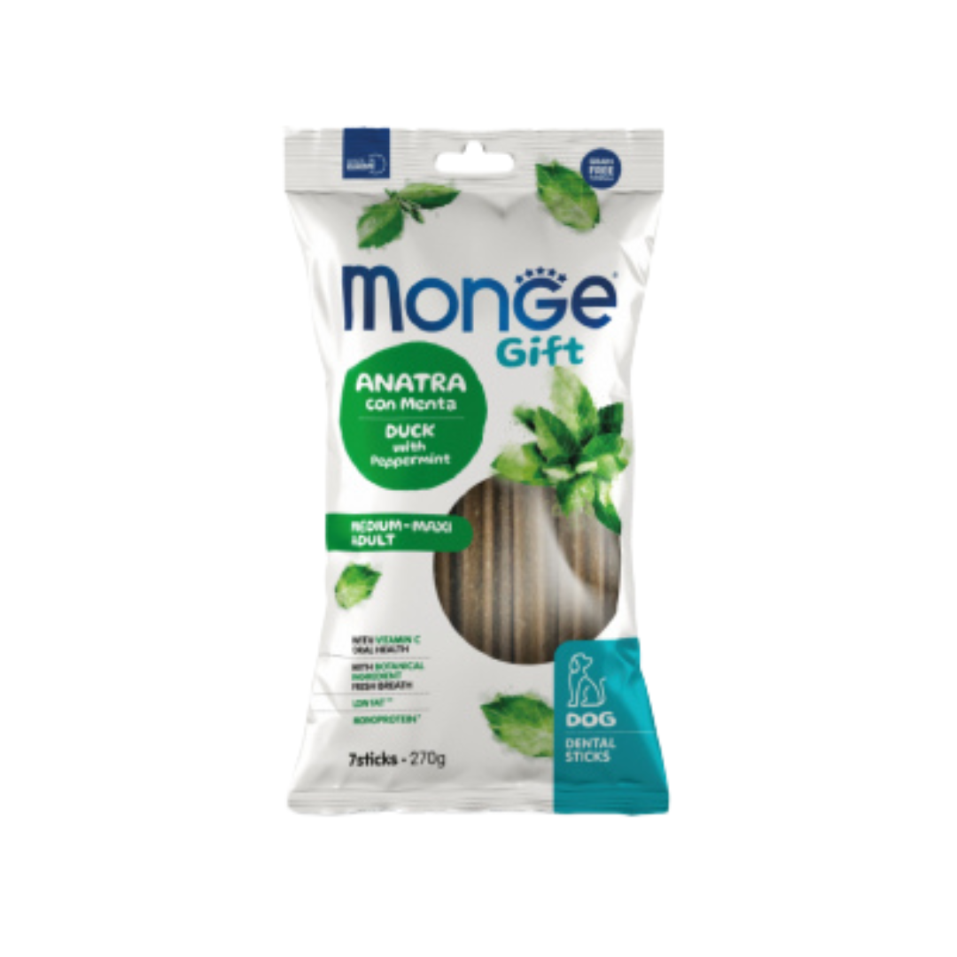 Monge Gift - дентални стикове за  кучета от средните и едри породи с патешко и мента - 7 броя в опаковка