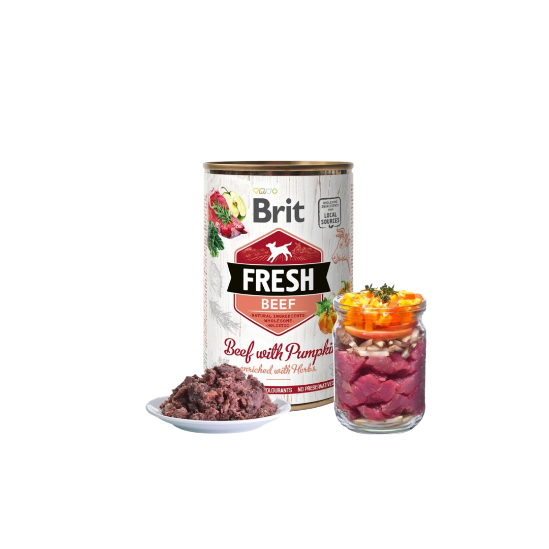 Brit Fresh - консервирана храна за кучета с прясно говеждо месо и тиква - 6 броя х 400 гр.