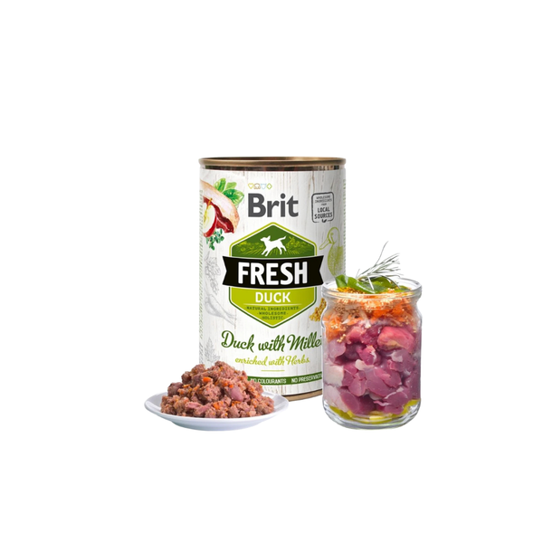 Brit Fresh - консервирана храна за кучета с прясно патешко месо, просо и моркови  - 6 броя х 400 гр.