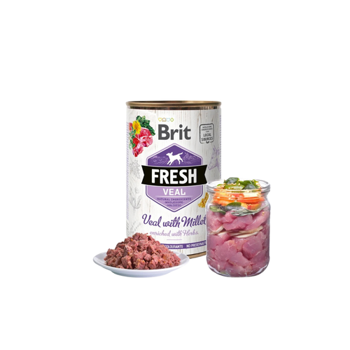 Brit Fresh - консервирана храна за кучета с прясно прясно телешко месео и просо - 6 броя х 400 гр.