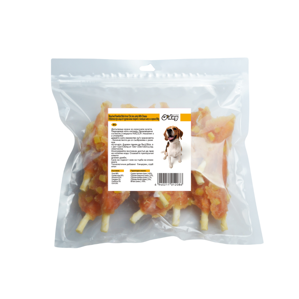 O'Dog - Лакомства за кучета пръчици от сурова кожа покрити с пилешко месо и сирене - 500 гр.