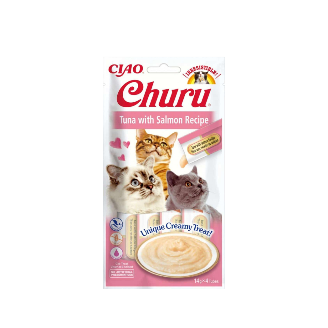 Inaba Churu Puree - Лакомство за котки с риба тон и сьомга - 4 броя в опаковка х 14 гр.