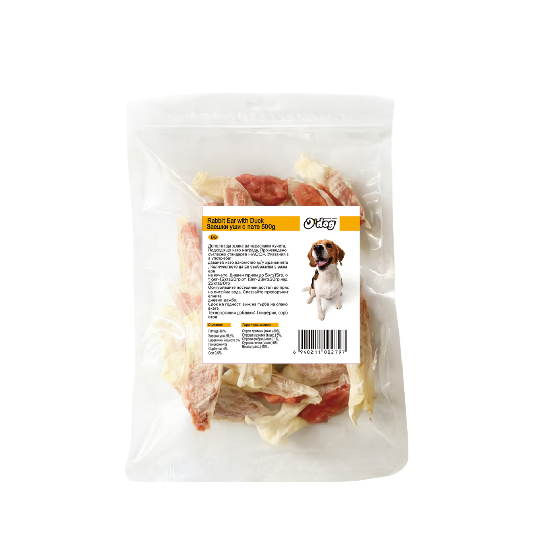 O'Dog - Лакомства за кучета заешки уши с пате - 500 гр.