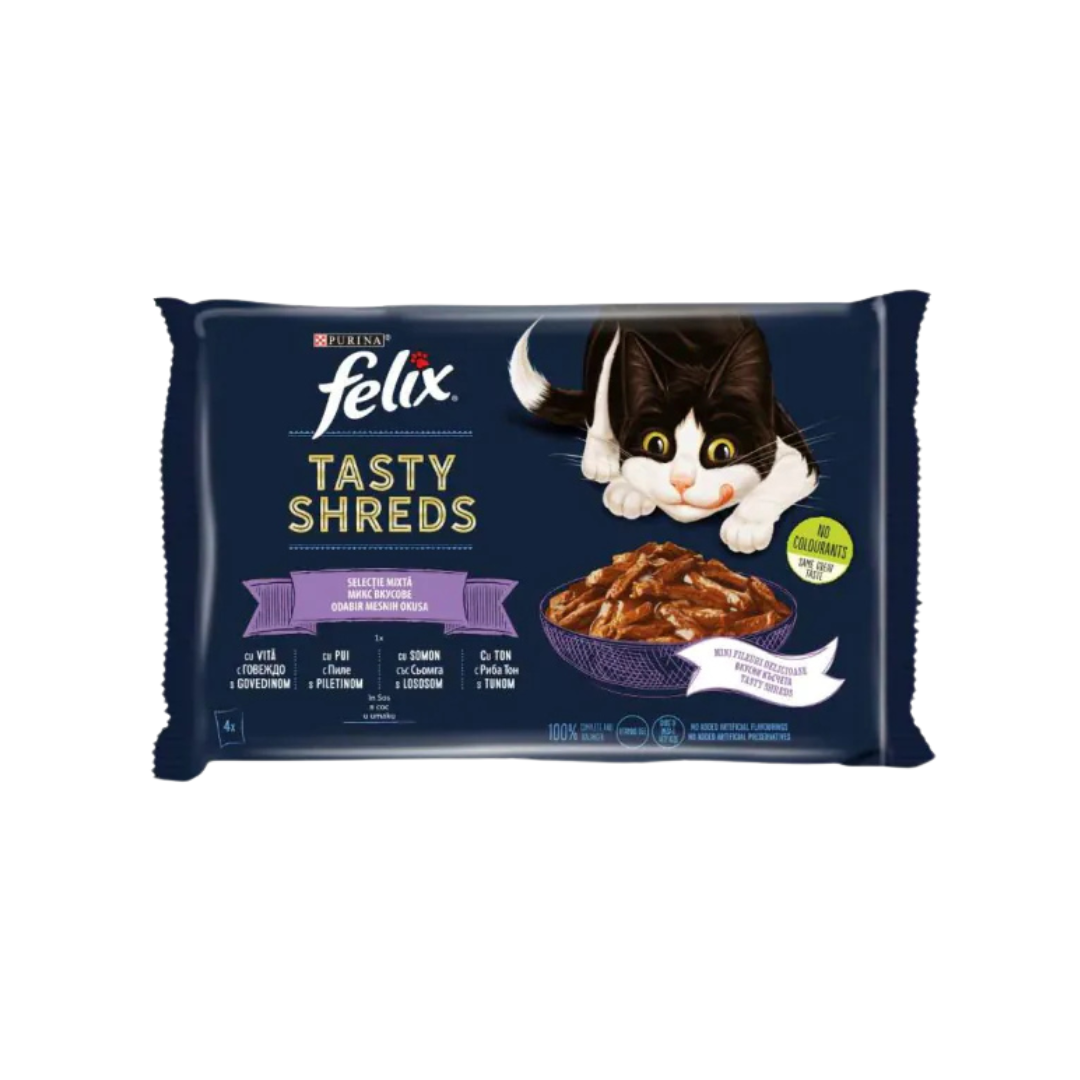 Purina Felix Sensations - паучове за котки с говеждо, пиле, сьомга и риба тон - 6 броя х 4х85 гр.
