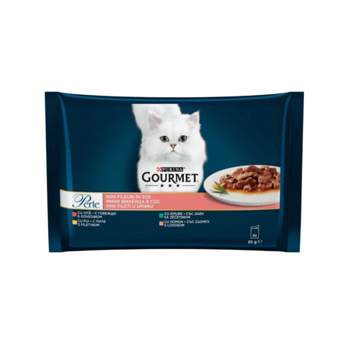 Purina Gourmet Perle - пауч за котки с пиле, говеждо, заек и сьомга - 6 броя х 4х85 гр.