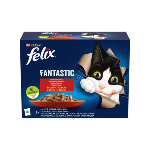 Purina Felix Fantastic - паучове за котки с вкусове от фермата - 12 броя в опаковка х 85 гр.
