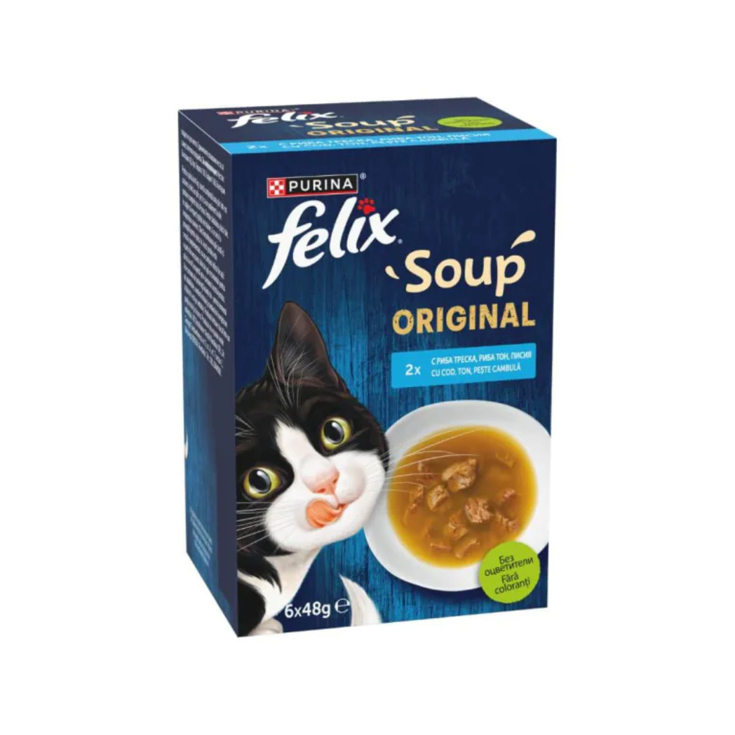 Purina Felix Soup - супи за котки с треска, риба тон и писия - 6 броя в опаковка х 48 гр.