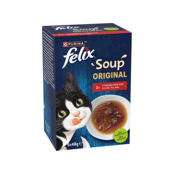 Purina Felix Soup - супи за котки с говеждо, пиле и агне - 6 броя в опаковка х 48 гр.