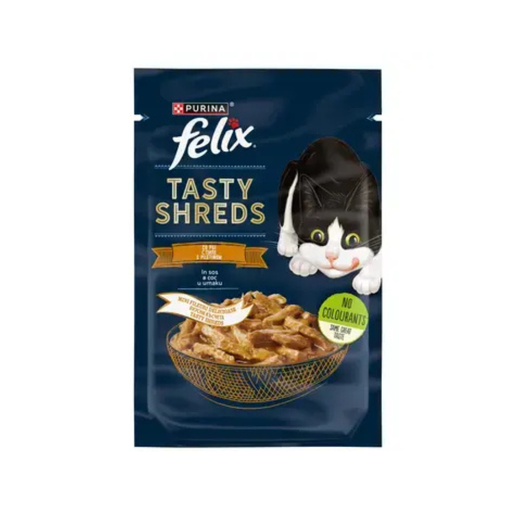 Purina Felix Tasty Shreds - паучове за котки с пиле в сос - 12 броя х 80 гр.