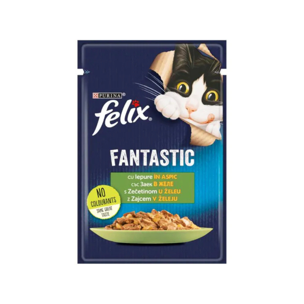 Purina Felix Fantastic - паучове за котки със заек в желе - 12 броя х 85 гр.