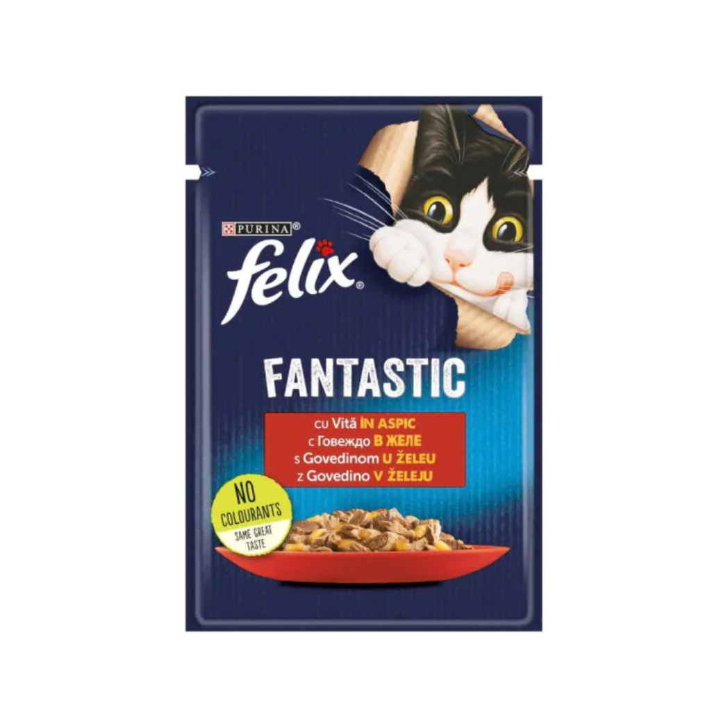 Purina Felix Fantastic - паучове за котки с говеждо в желе - 12 броя х 85 гр.