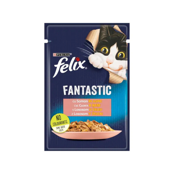 Purina Felix Fantastic - паучове за котки със сьомга в желе - 12 броя х 85 гр.