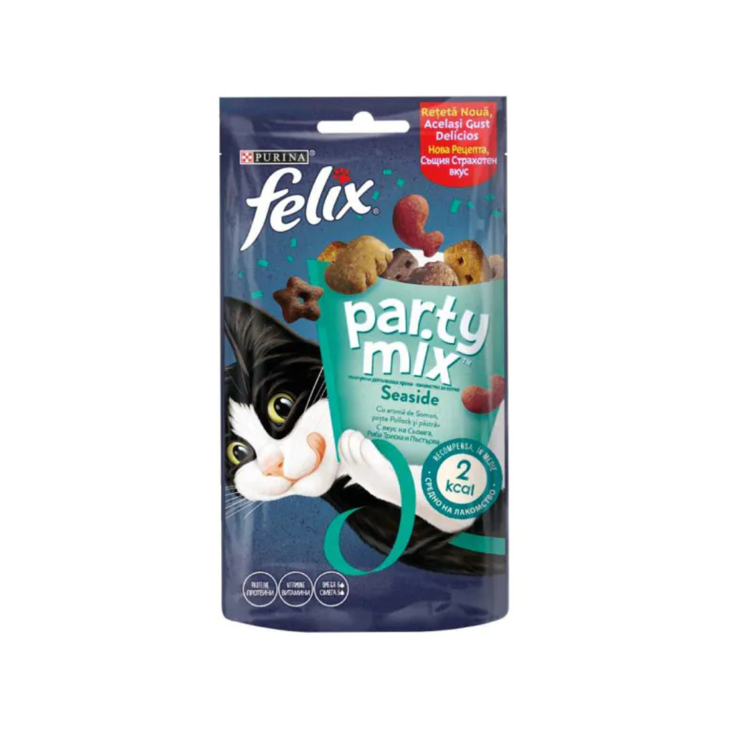 Purina Felix Party Mix - лакомства за котки със сьомга, полок и пъстърва - 8 броя x 60 гр.