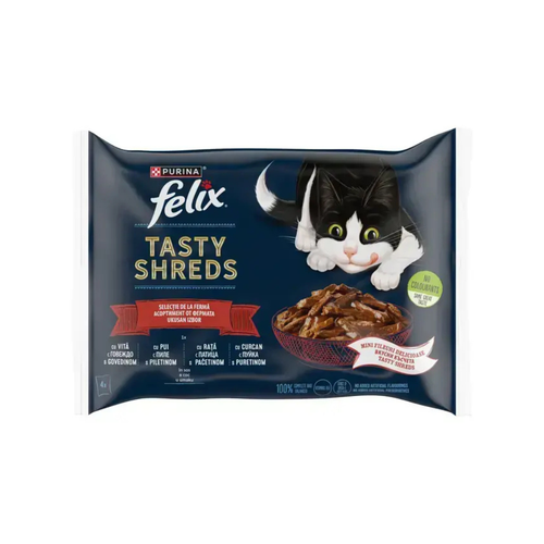 Purina Felix Tasty Shreds - паучове за котки с пиле, говеждо, патица и пуйка в сос - 6 броя х 4х80 гр.