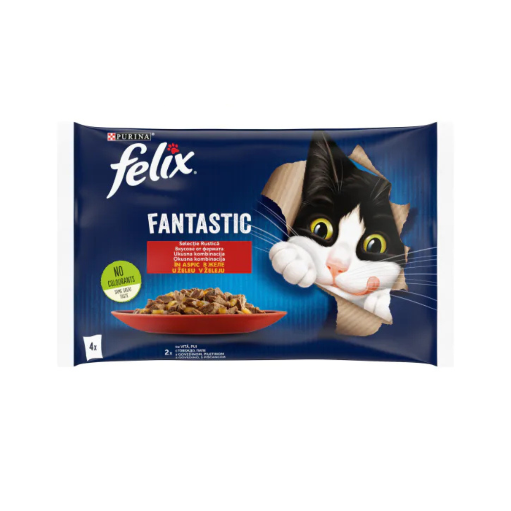 Purina Felix Sensations - паучове за котки с телешко и пиле  - 6 броя х 4х85 гр.