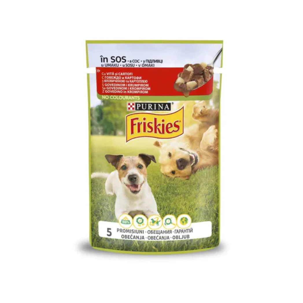 Purina Friskies - паучове за кучета с говеждо и картофи - 12 броя х 85 гр.
