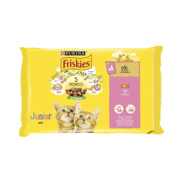Purina Friskies Junior - паучове за подрастващи котки с пиле - 6 броя х 4х85 гр.