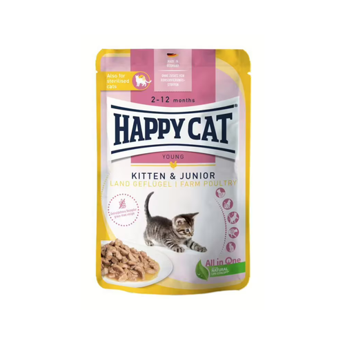 Happy Cat Junior - паучове за подрастващи котки с птиче месо в сос - 6 броя х 85 гр.