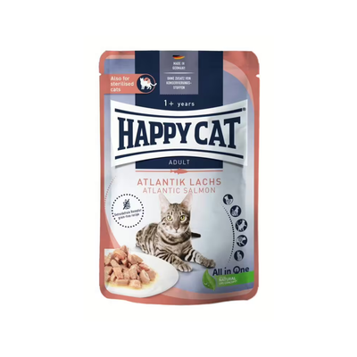 Happy Cat - паучове за котки с месо в сос с прясна атлантическа сьомга - 6 броя х 85 гр.