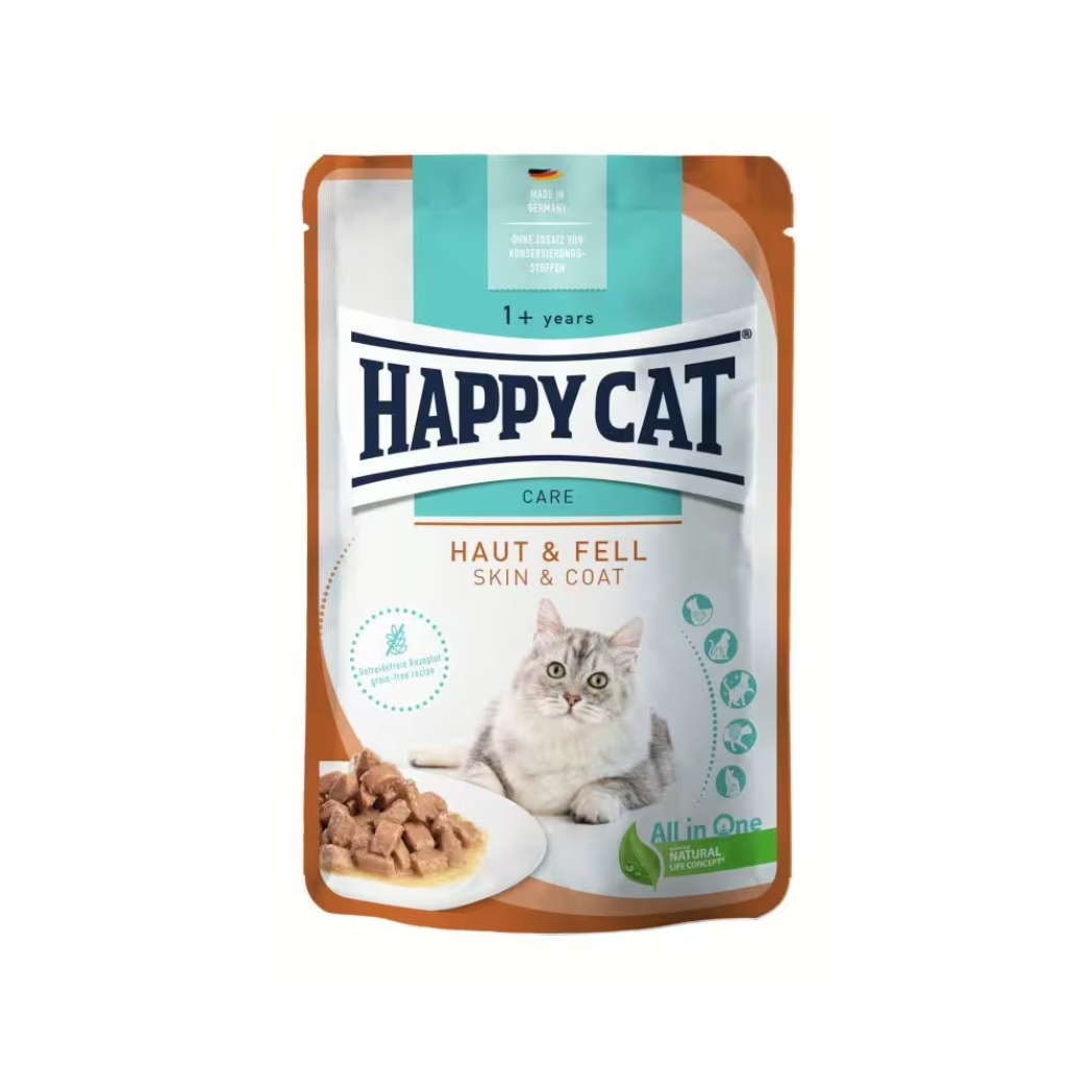 Happy Cat - паучове за котки с месо в сос за кожа и козина - 6 броя х 85 гр.