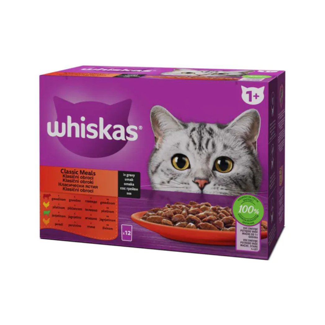 Whiskas - паучове за котки месни ястия в сос грейви - 12 броя в опаковка х 85 гр.