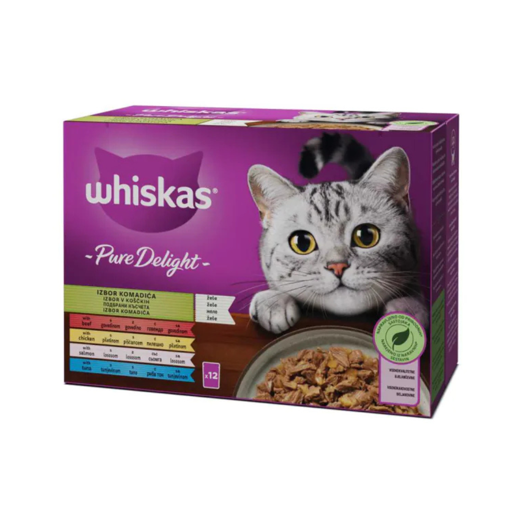Whiskas Pure Delight- паучове за котки микс меню в желе - 12 броя в опаковка х 85 гр.