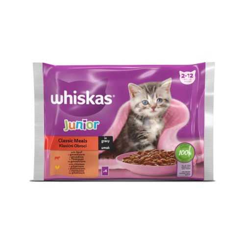 Whiskas Junior - паучове за подрастващи котки месна селекция в сос грейви - 6 броя х 4х85 гр.