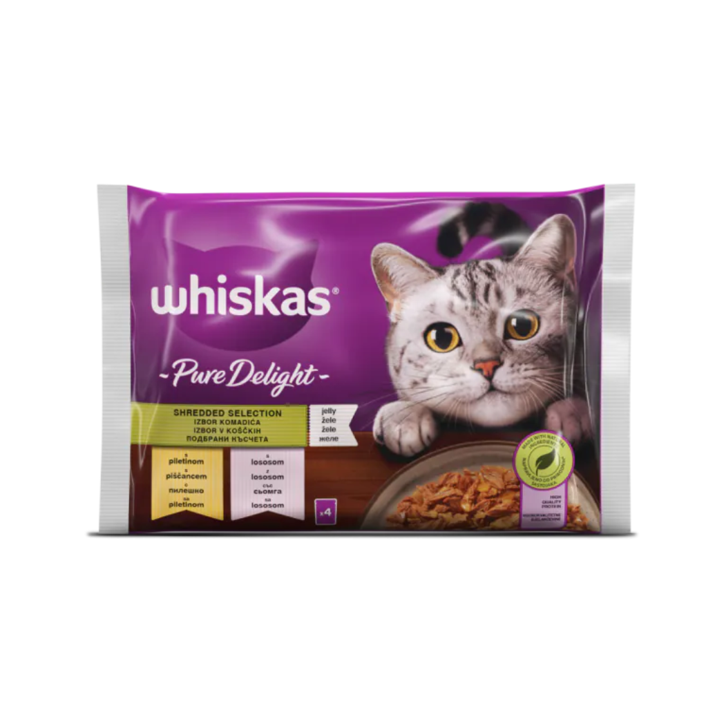 Whiskas Pure Delight - паучове за котки микс меню в желе - 6 броя х 4х85 гр.