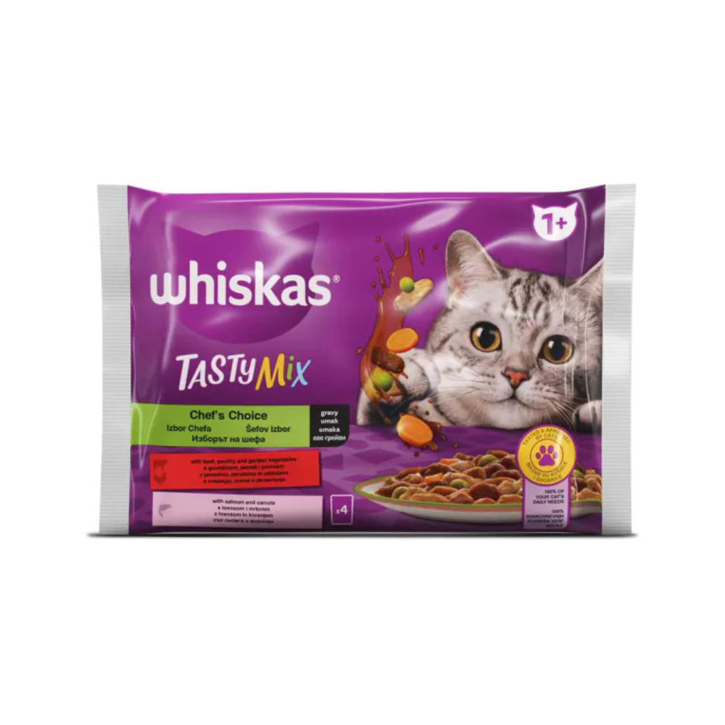 Whiskas Tasty Mix - паучове за котки избор на готвача в сос грейви - 6 броя х 4х85 гр.