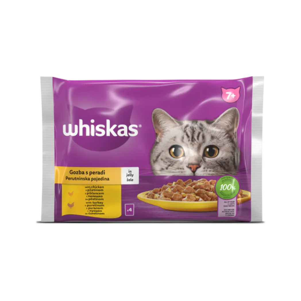 Whiskas Senior - паучове за възрастни котки птичи ястия в желе - 6 броя х 4х85 гр.