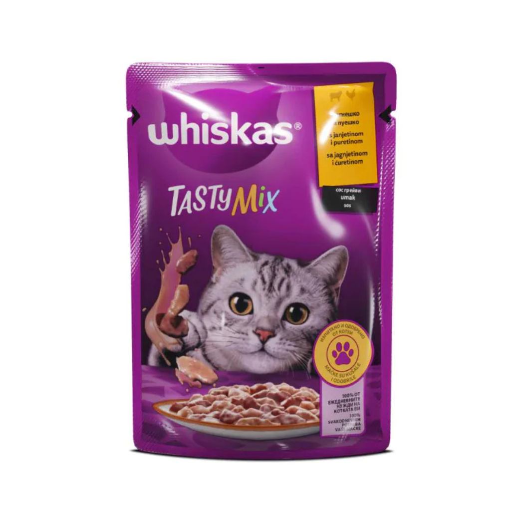Whiskas Tasty Mix - паучове за котки агнешко и пуешко в сос грейви - 12 броя х 85 гр.