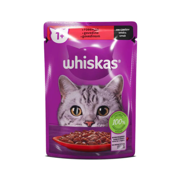 Whiskas - паучове за котки с говеждо - 12 броя х 85 гр.