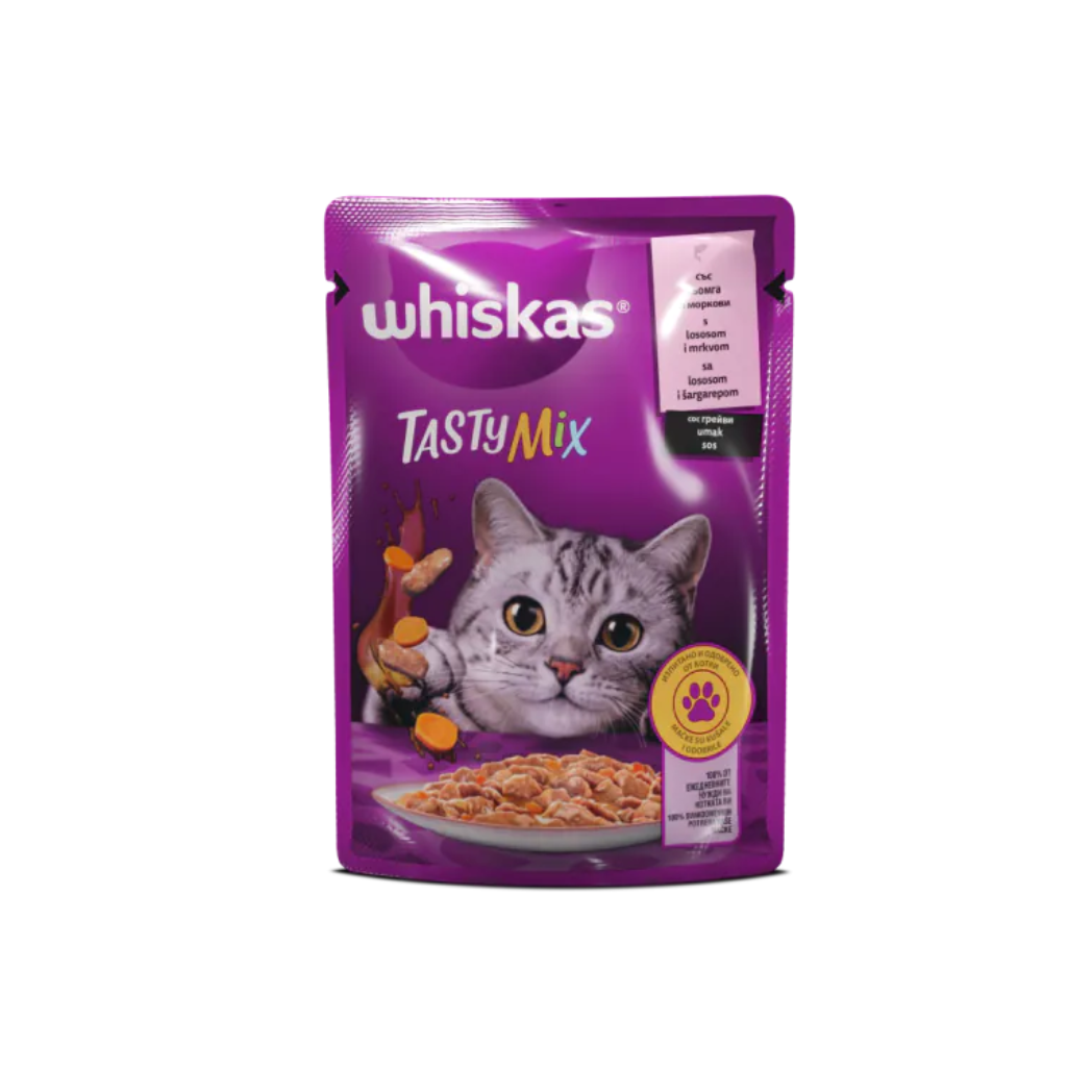 Whiskas Tasty Mix - паучове за котки със сьомга и моркови в сос грейви - 12 броя х 85 гр.