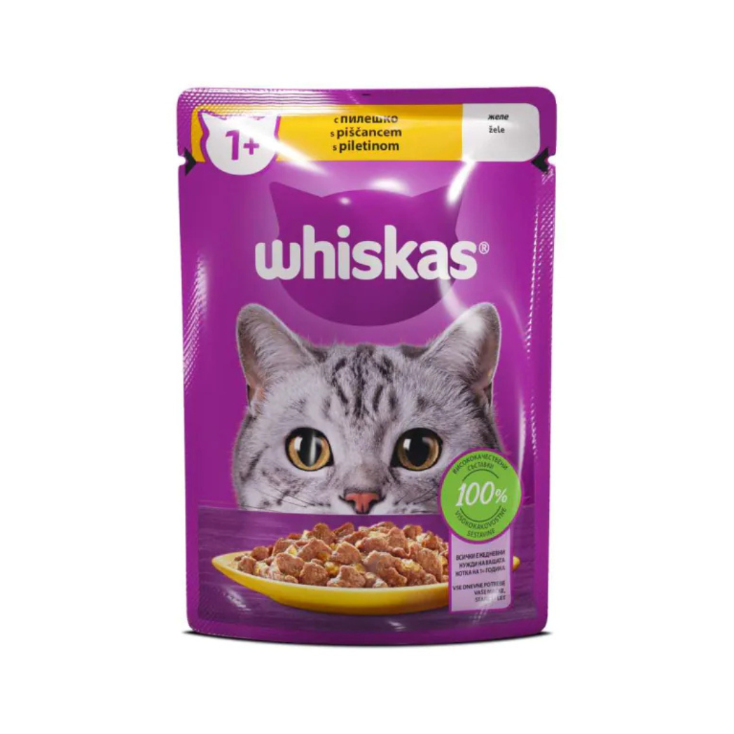 Whiskas - паучове за котки с пилешко в желе - 12 броя х 85 гр.